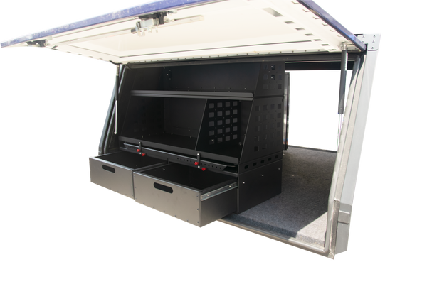 Flatbed Molle Storage Box with Locking Drawers, Camp Table & Cutting Board