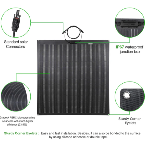 Lensun 200W Flexible Solar Panel, Latest Technology PERC 9BB Solar Cells