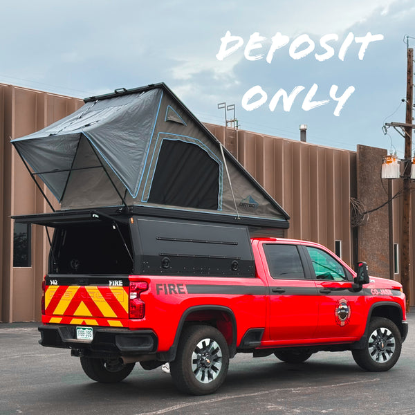 Fire truck with dirtbox overland canopy camper